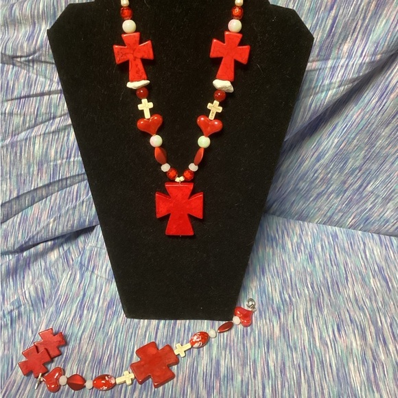 Chunky Spiritual Jewelry 3 pc set Red ceramic cross - Picture 1 of 3
